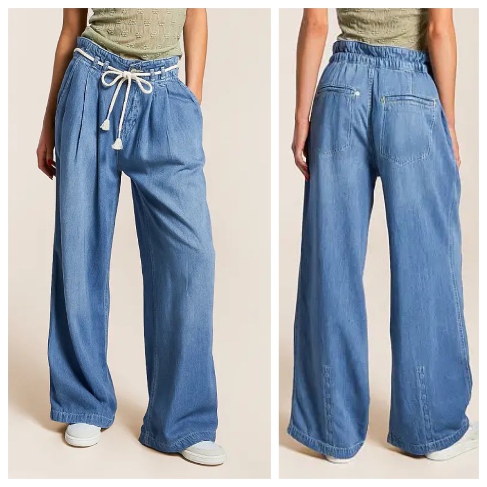 Free People We The Free Dakota Cinched Pull-On Wide-Leg Jeans Light Blue Size S